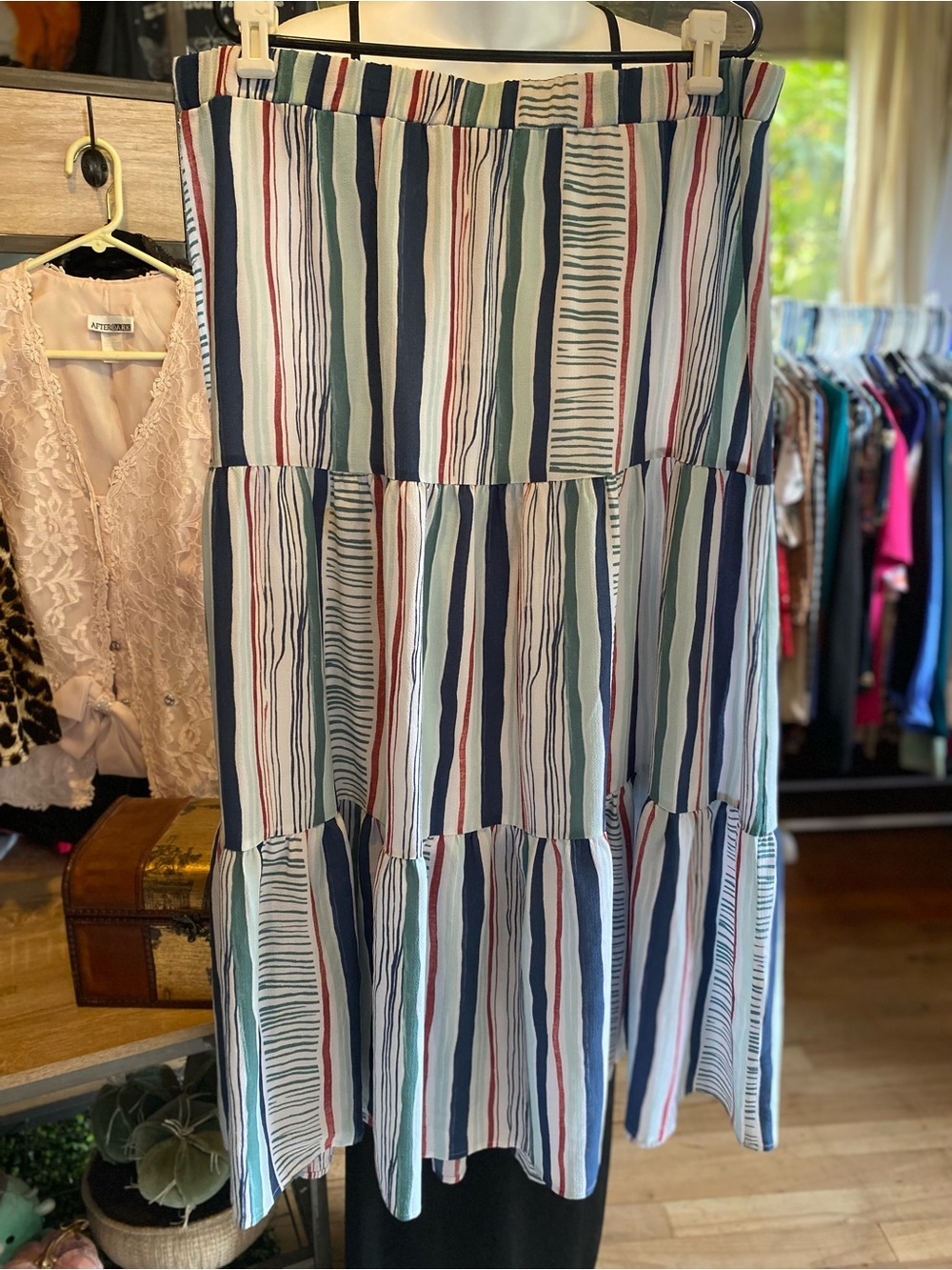 Lane Bryant Navy, Green, Red and White Striped Tiered Maxi Skirt